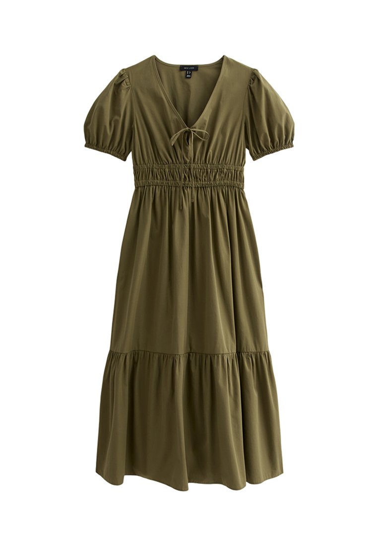 Olivgrünes, knielanges Kleid mit V-Ausschnitt, Puffärmeln und einem gerafften Taillenbereich. Verfügt über einen gestuften Rock und eine Schleifendetails am Ausschnitt.