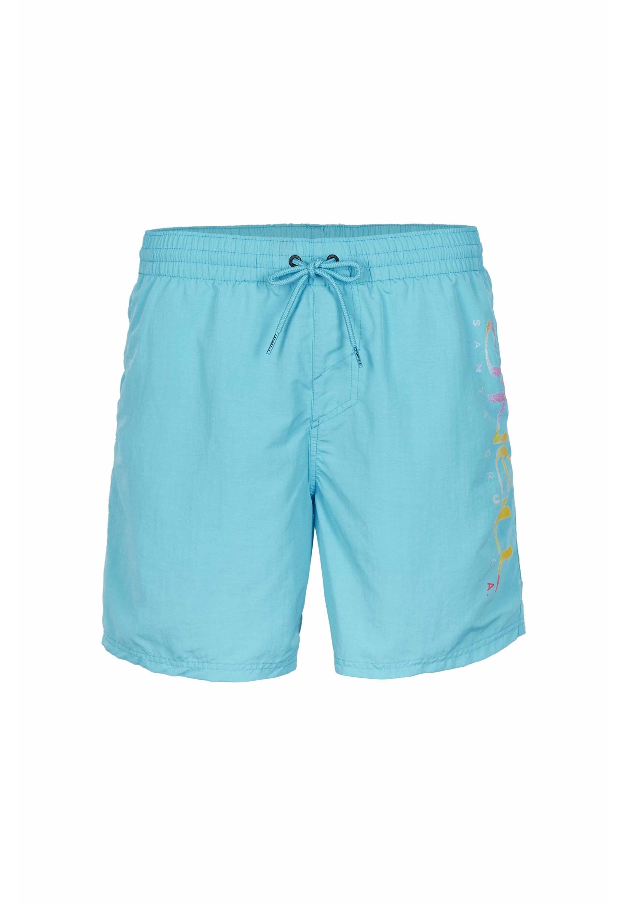 Helle blaue Schwimmshorts mit einem elastischen Bund und Kordelzug, versehen mit einem mehrfarbigen Logo-Druck an der Seite. Die Textur ist glatt.