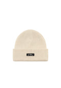 Cremfarbener Beanie mit gerippter Textur, umgeschlagenem Bündchen und einem schwarzen Etikett mit der Aufschrift "Les Deux."