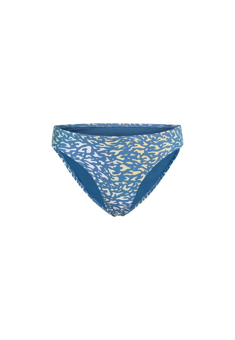 Blauer Bikini-Unterteil mit einem kontrastierenden abstrakten Muster in Hellblau und Gelb. Hergestellt aus glattem Stoff mit einem klassischen Slipschnitt.