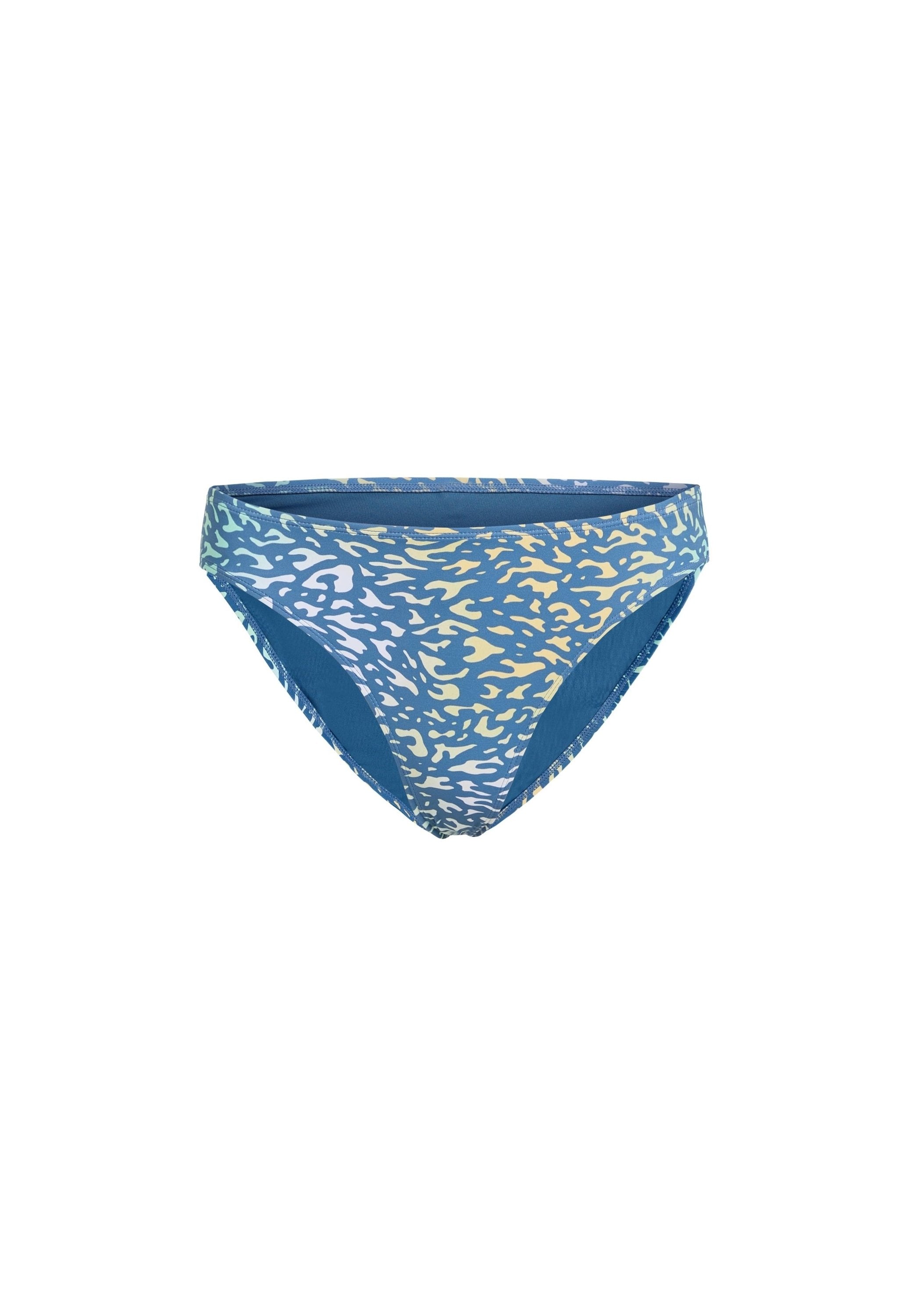 Blauer Bikini-Unterteil mit einem kontrastierenden abstrakten Muster in Hellblau und Gelb. Hergestellt aus glattem Stoff mit einem klassischen Slipschnitt.