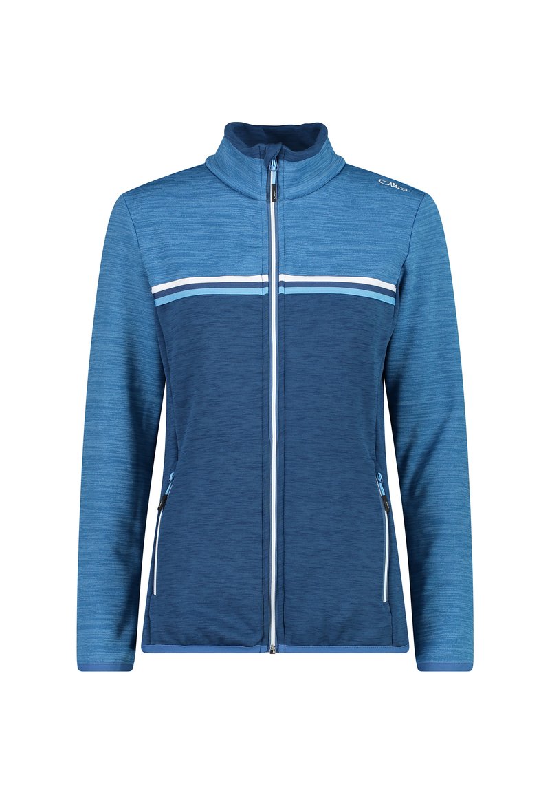 Blaues Zip-Jacke mit einem hohen Kragen, aus strukturiertem Stoff, mit weißen und hellblauen horizontalen Streifen und zwei Seitentaschen.