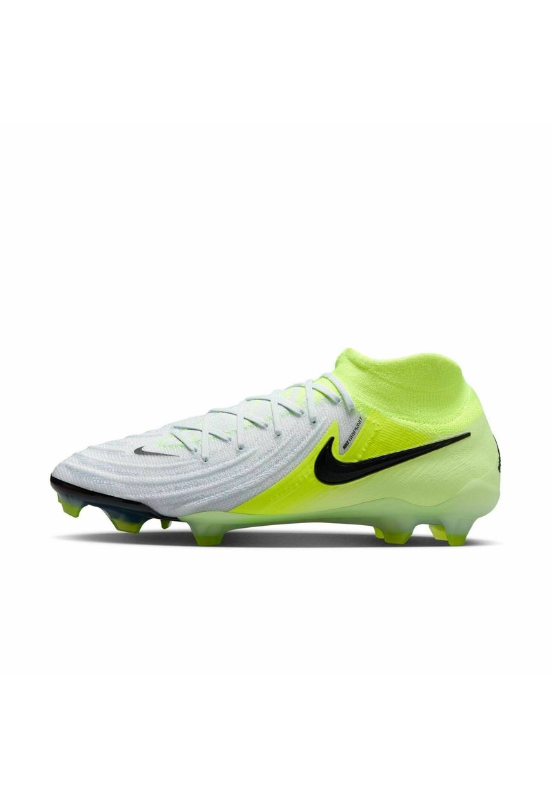 Nike-Fußballschuh in Hellgrau und leuchtendem Gelb. Verfügt über ein texturiertes Obermaterial, einen Schnürverschluss und einen schwarzen Swoosh. Entwickelt für Bodenhaftung auf Rasen.