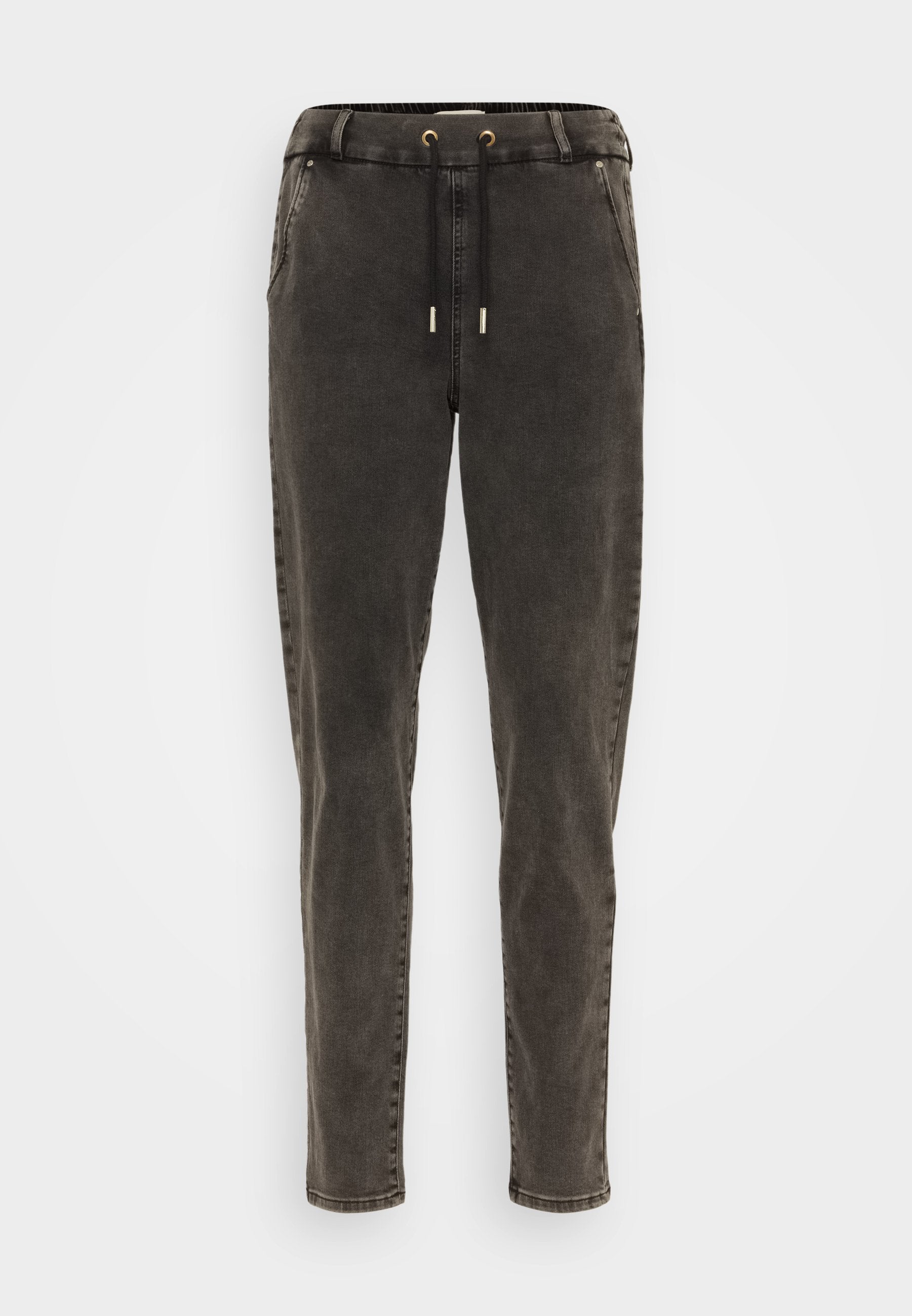 Dunkelgraue Hose aus weichem Baumwoll-Mix, mit einem Kordelzugbund, Seitentaschen und schmal zulaufenden Beinen mit einem glatten Finish.