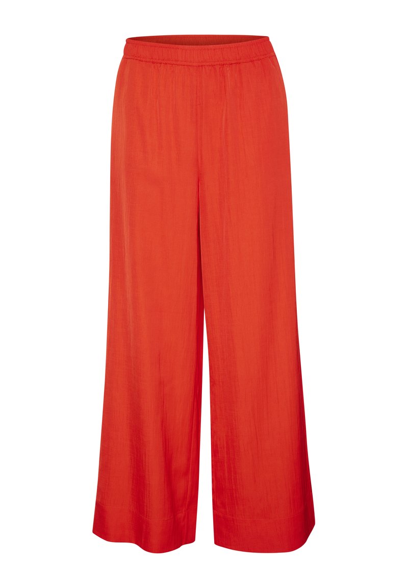 Rote weit geschnittene Hosen aus leichtem Stoff. Mit elastischem Bund und glatter Textur. Keine sichtbaren Muster oder Beschläge.