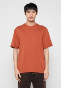 Kurzes T-Shirt in Rostfarbe aus weichem Stoff mit lockerer Passform. Verfügt über ein kleines Logo auf der Brust und subtile Nahtdetails.