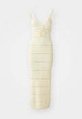 Strick-Midikleid in hellem Creme mit tailliertem Schnitt, V-Ausschnitt, verstellbarem Bindeband in der Taille und horizontalen Streifenmustern.