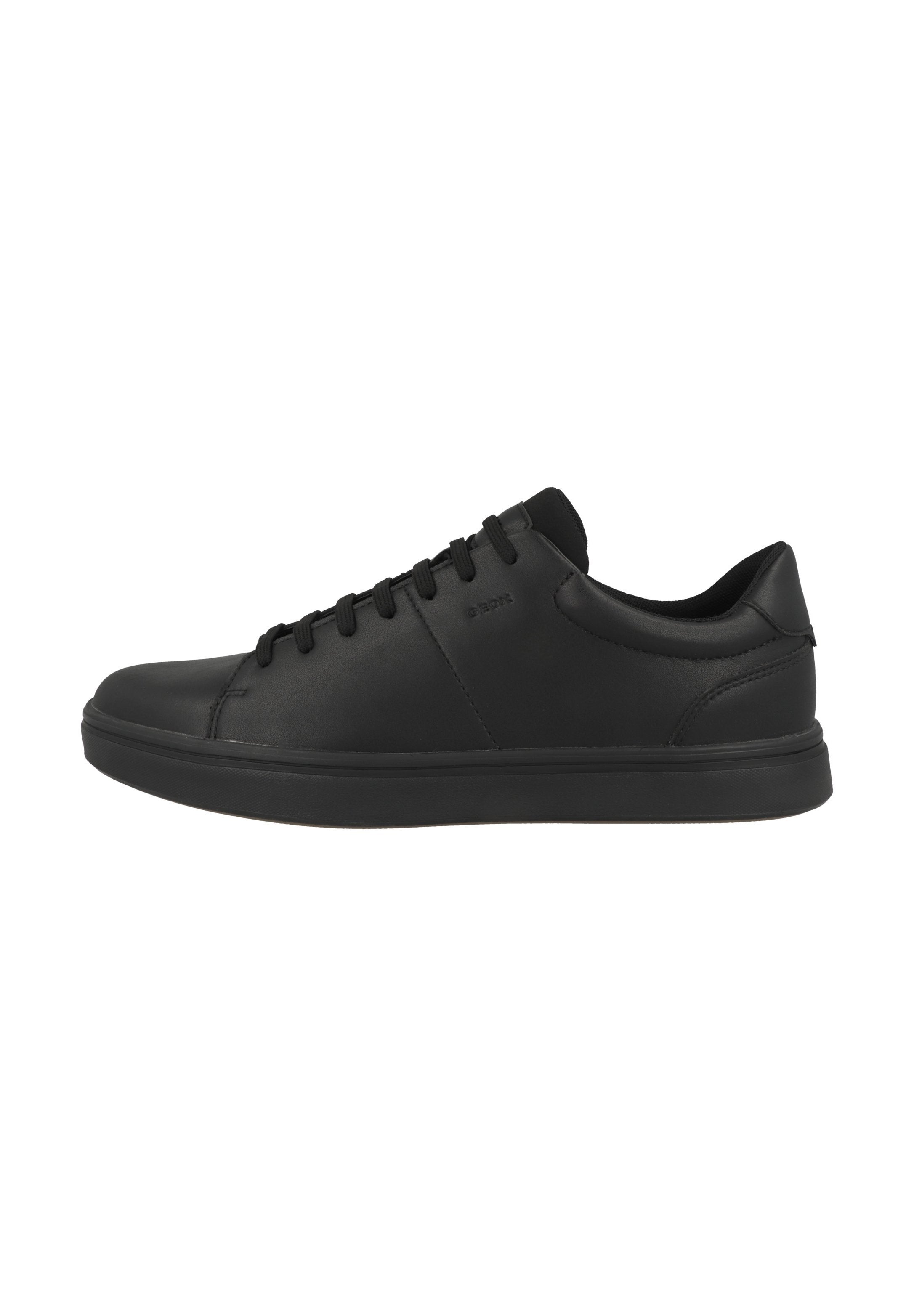 Schwarze Sneaker aus glattem Leder, mit runder Spitze, Schnürverschluss und gepolsterter Sohle. Minimalistisches Design ohne sichtbare Logos.