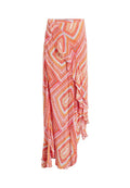Wickelrock in leuchtendem Orange, Pink und gelbem geometrischem Muster. Mit asymmetrischem Saum und Rüschendetails auf einer Seite. Leichter Stoff.