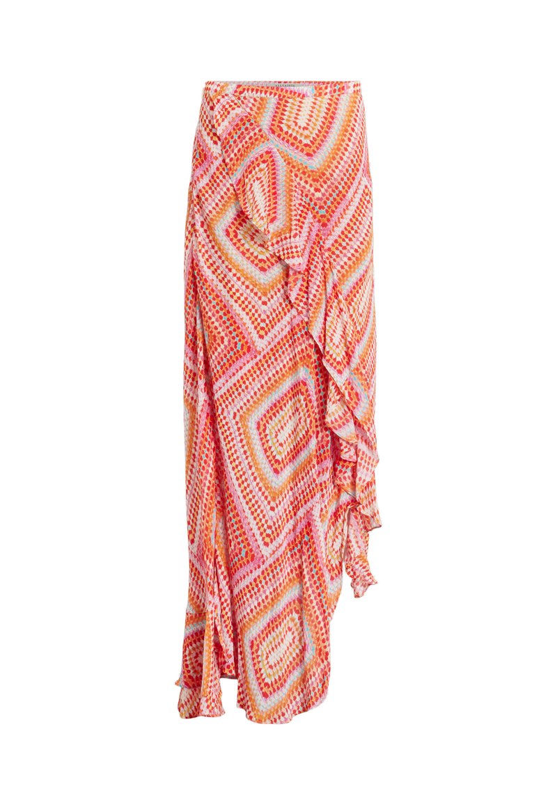 Wickelrock in leuchtendem Orange, Pink und gelbem geometrischem Muster. Mit asymmetrischem Saum und Rüschendetails auf einer Seite. Leichter Stoff.