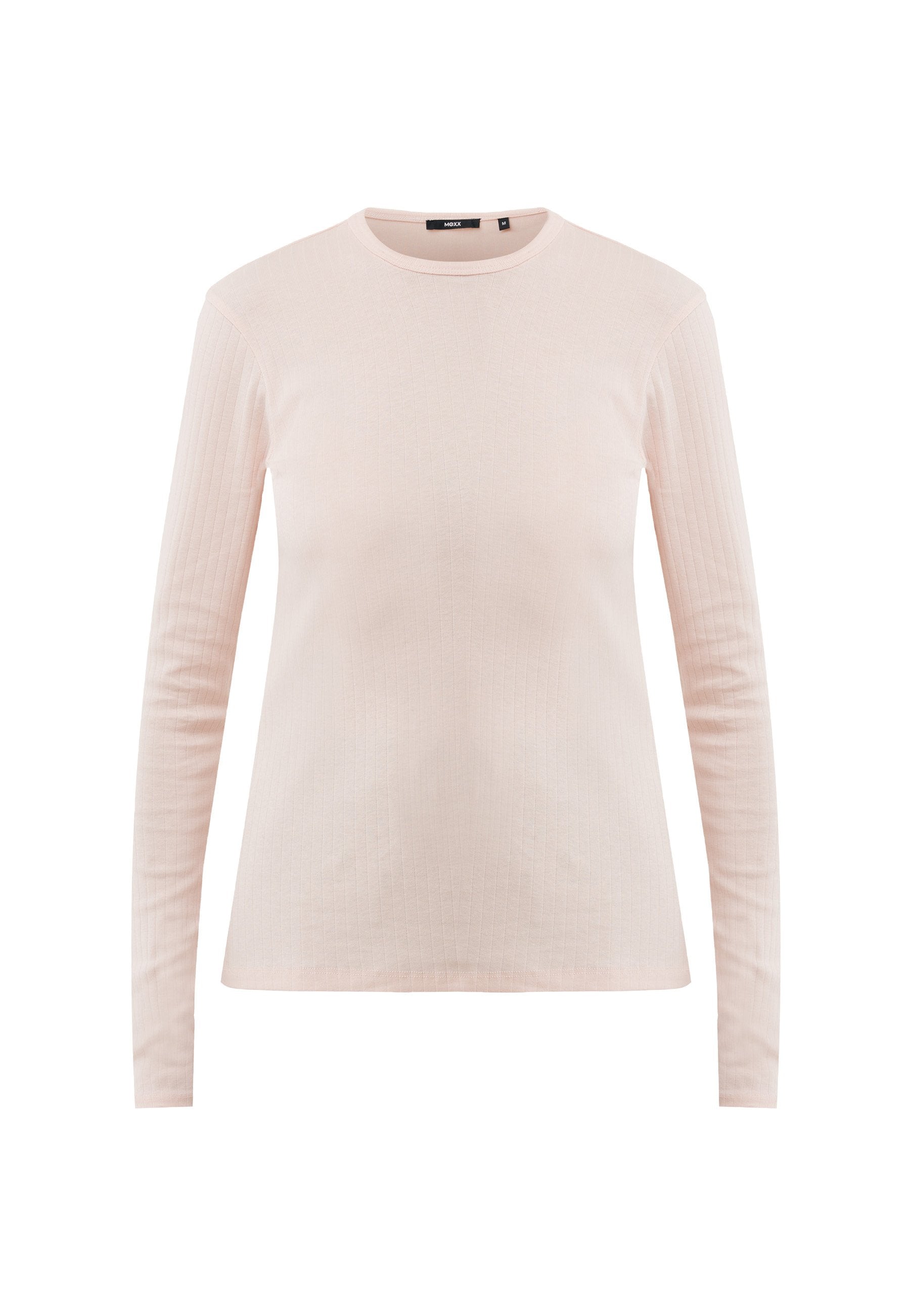 Helle rosa, gerippte Langarmshirt mit Rundhals, Größe M, vor weißem Hintergrund präsentiert.