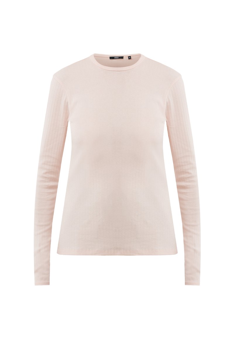Helle rosa, gerippte Langarmshirt mit Rundhals, Größe M, vor weißem Hintergrund präsentiert.