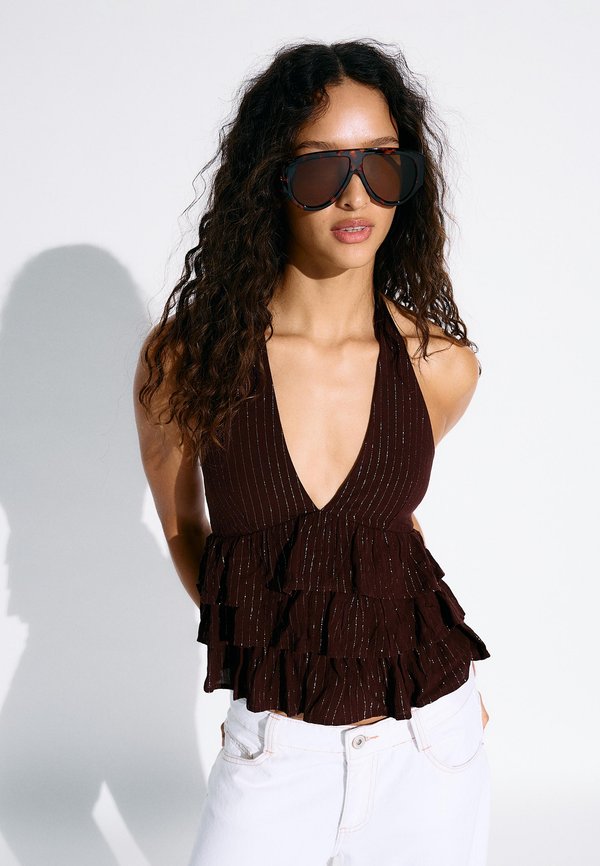 Bershka SHIMMERY RUFFLE  - Top - dark brown
