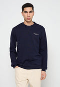 Marineblaue Sweatshirt aus weichem Baumwollmaterial, mit Rundhalsausschnitt, langen Ärmeln und gesticktem 'LES DEUX'-Logo auf der Brust.