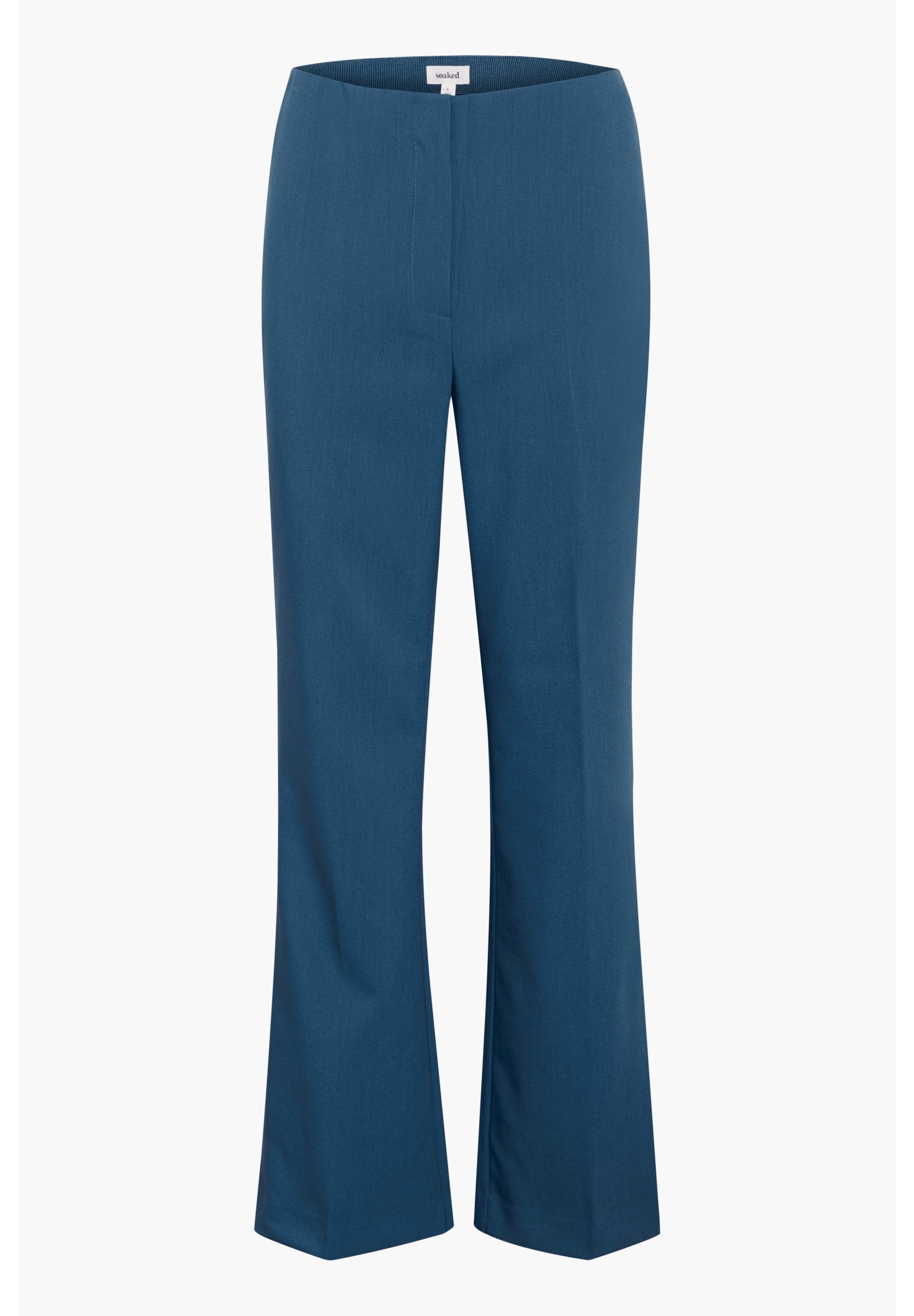 Maßgeschneiderte, weit geschnittene Hosen aus einem tiefblauen Stoff. Sie verfügen über einen glatten Bund und dezente Nähte, mit einer insgesamt eleganten, strukturierten Silhouette.