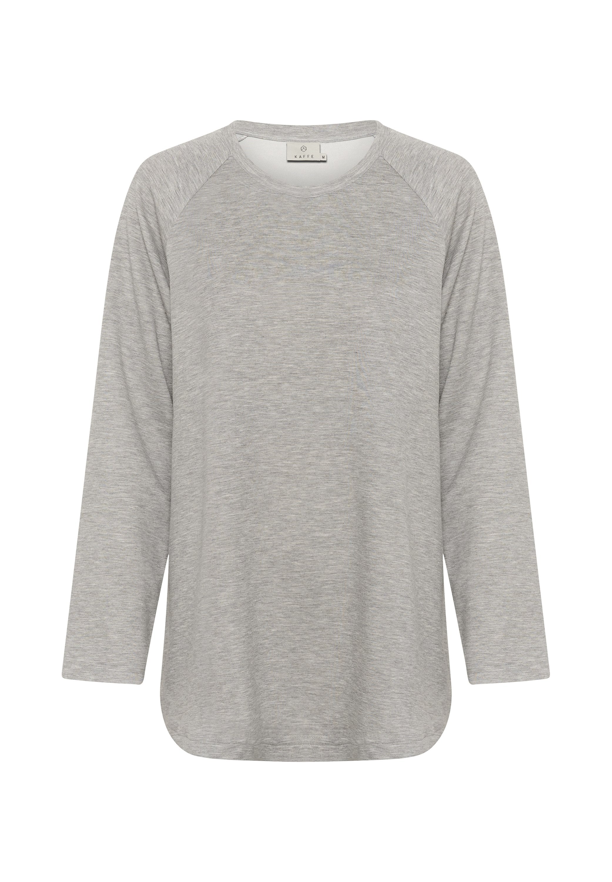 Graues Langarm-T-Shirt mit Raglanärmeln, abgerundetem Saum und weichem, strukturiertem Stoff. Verfügt über einen einfachen Ausschnitt und keine weiteren Muster.