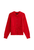 Roter Cardigan aus strukturiertem Strickstoff, mit Rundhalsausschnitt, Knopfverschluss vorne und zwei vorderen Taschen.