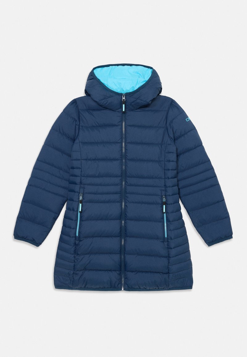 Marineblaue gesteppte lange Winterjacke mit Kapuze, Frontreißverschluss und seitlichen Reißverschlusstaschen, mit hellblauem Futter und Reißverschlussdetails.