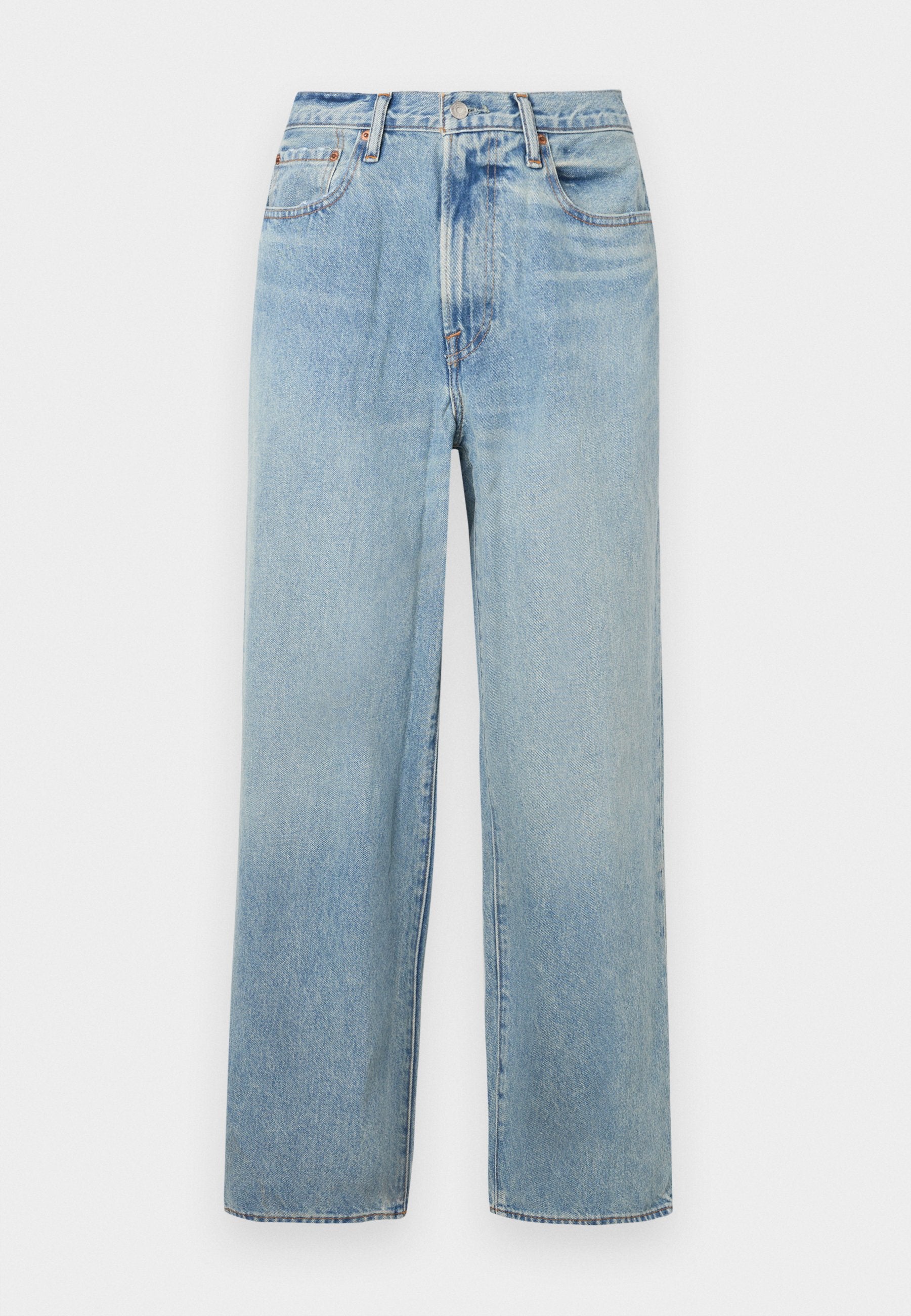 Helle blaue, gerade geschnittene Denim-Jeans mit hoher Taille, fünf Taschen und dezenten Verwaschungen. Rohem Saum und kontrastierenden Nähten.