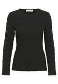 Schwarzes Langarmshirt aus strukturiertem Stoff mit Rundhalsausschnitt und figurnaher Silhouette. Keine sichtbaren Muster oder Akzente.