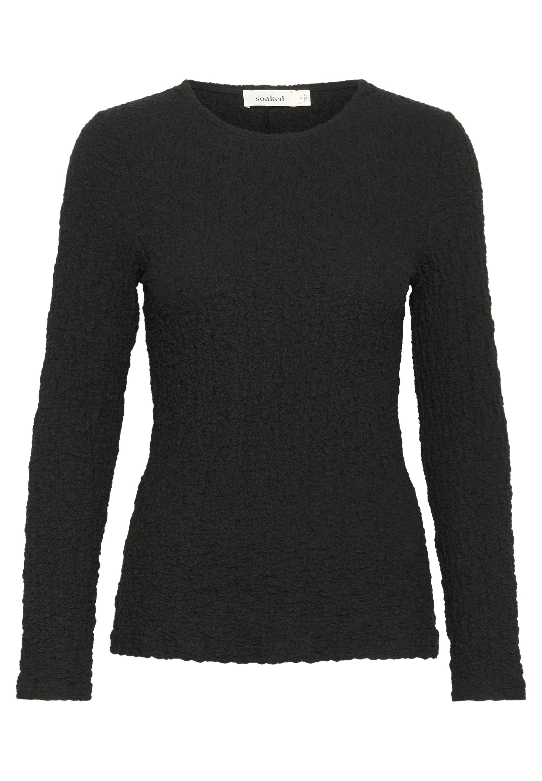 Schwarzes Langarmshirt aus strukturiertem Stoff mit Rundhalsausschnitt und figurnaher Silhouette. Keine sichtbaren Muster oder Akzente.