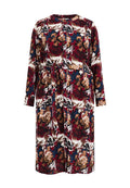 Langärmliges Hemdblusenkleid mit floralem Muster in Weinrot, Braun, Blau, Schwarz und Weiß sowie einem passenden Gürtel aus demselben Stoff an der Taille.