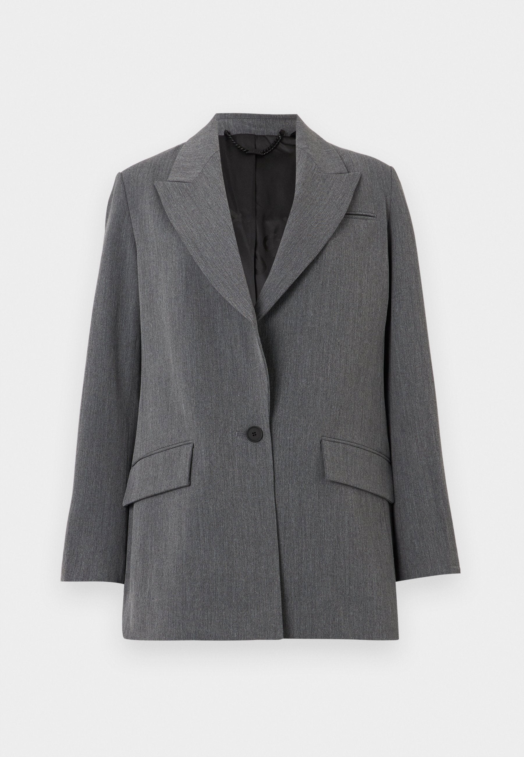 Grau Blazer mit einer strukturierten Stoffoberfläche, Reverskragen, zwei frontalen Taschen, Ein-Knopf-Verschluss und einer schwarzen Innenauskleidung.