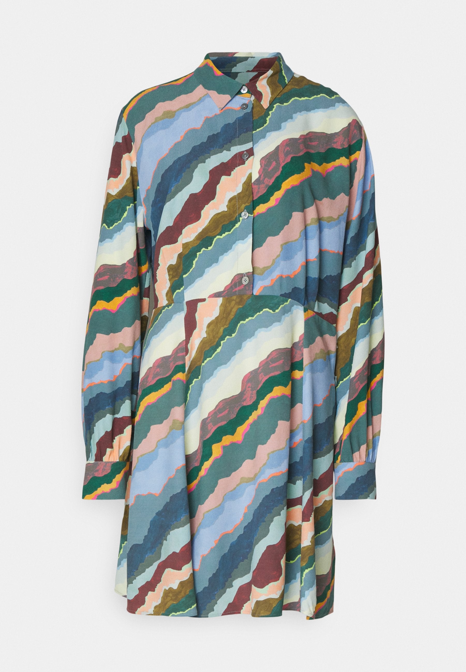 Mehrfarbiges Kleid mit langen Ärmeln und einem Button-Down-Kragen. Es hat wellenförmige Streifen in grünen, blauen, pinken und braunen Farbtönen. Weicher Stoff.