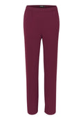 Burgunderfarbene dehnbare Hose mit einem elastischen Bund; schlankes Design; glatte Textur; keine sichtbaren Taschen oder Verzierungen.