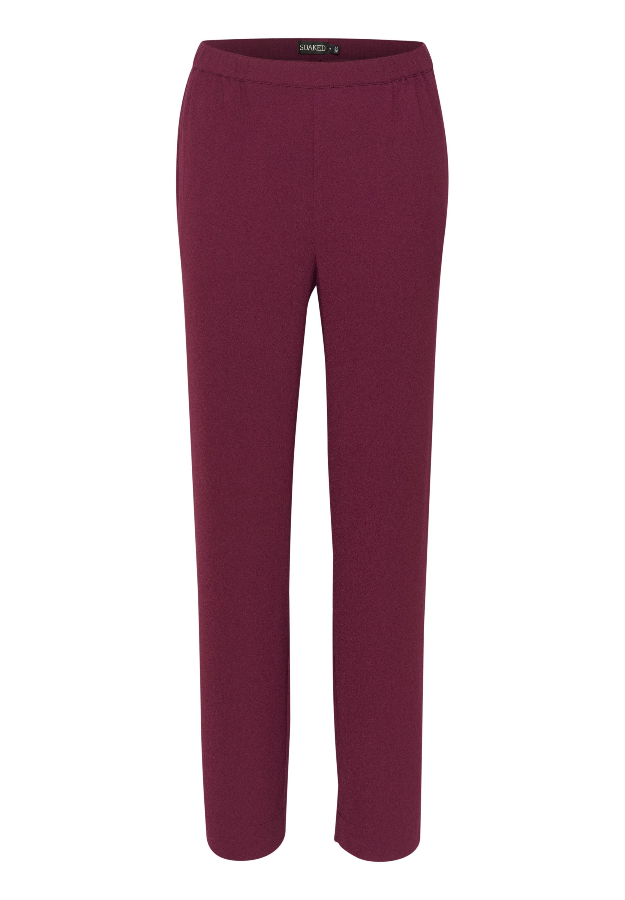 Burgunderfarbene dehnbare Hose mit einem elastischen Bund; schlankes Design; glatte Textur; keine sichtbaren Taschen oder Verzierungen.