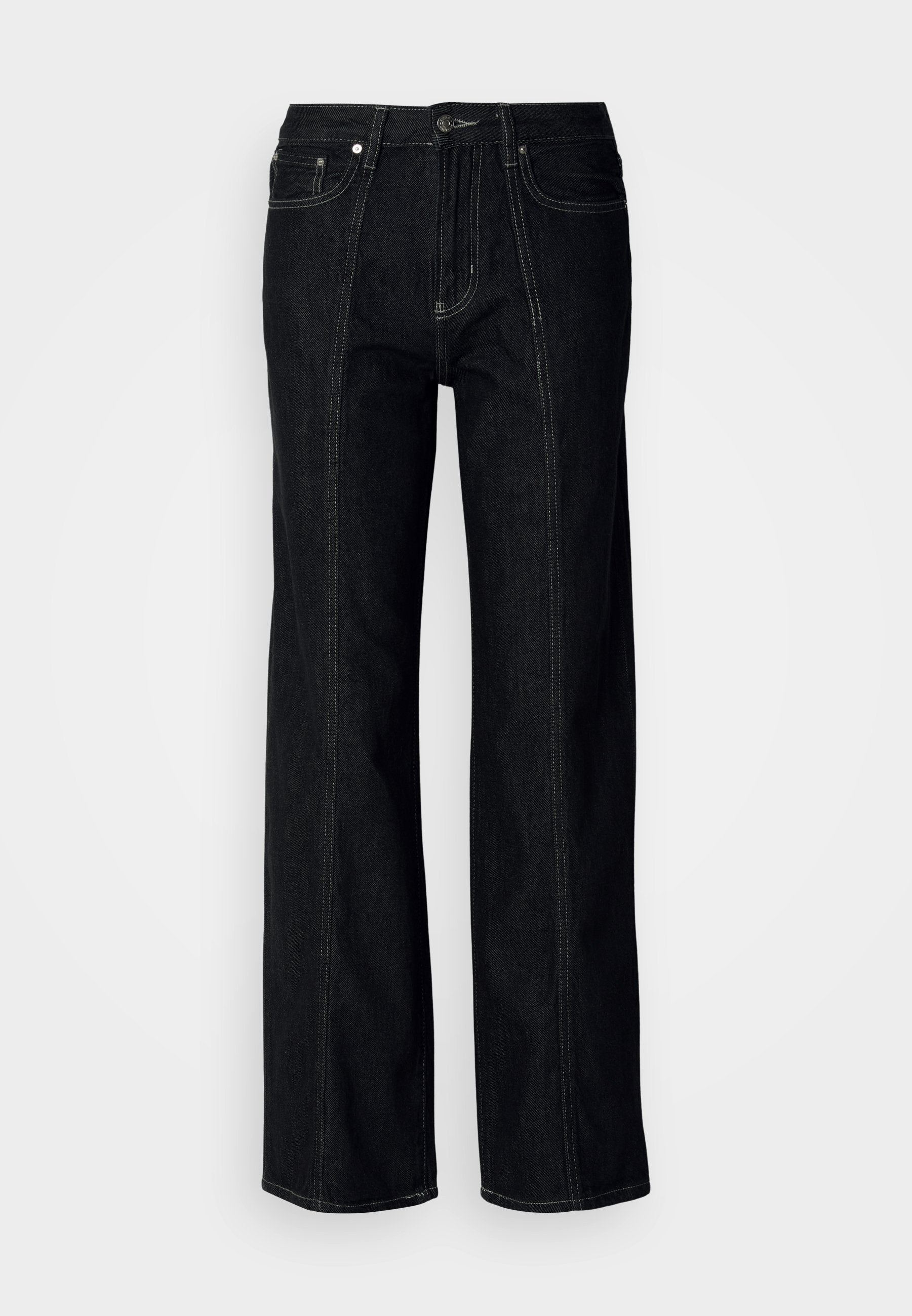 Schwarze weit geschnittene Jeans aus Denim, mit sichtbaren Nähten, einem Knopfverschluss und zwei Fronttaschen. Glatte Textur mit geradem Schnitt.
