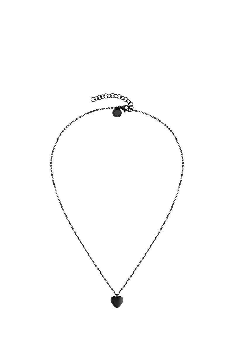 Schwarze Metallkette mit einer filigranen Gliederkette, die einen kleinen schwarzen herzförmigen Anhänger und einen verstellbaren Verschluss für die Größe aufweist.