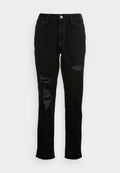 Schwarze Denim-Jeans mit einer taillierten Passform, die sichtbare Risse auf der Vorderseite, einen Knopfverschluss und einen klassischen Fünf-Taschen-Stil aufweisen.