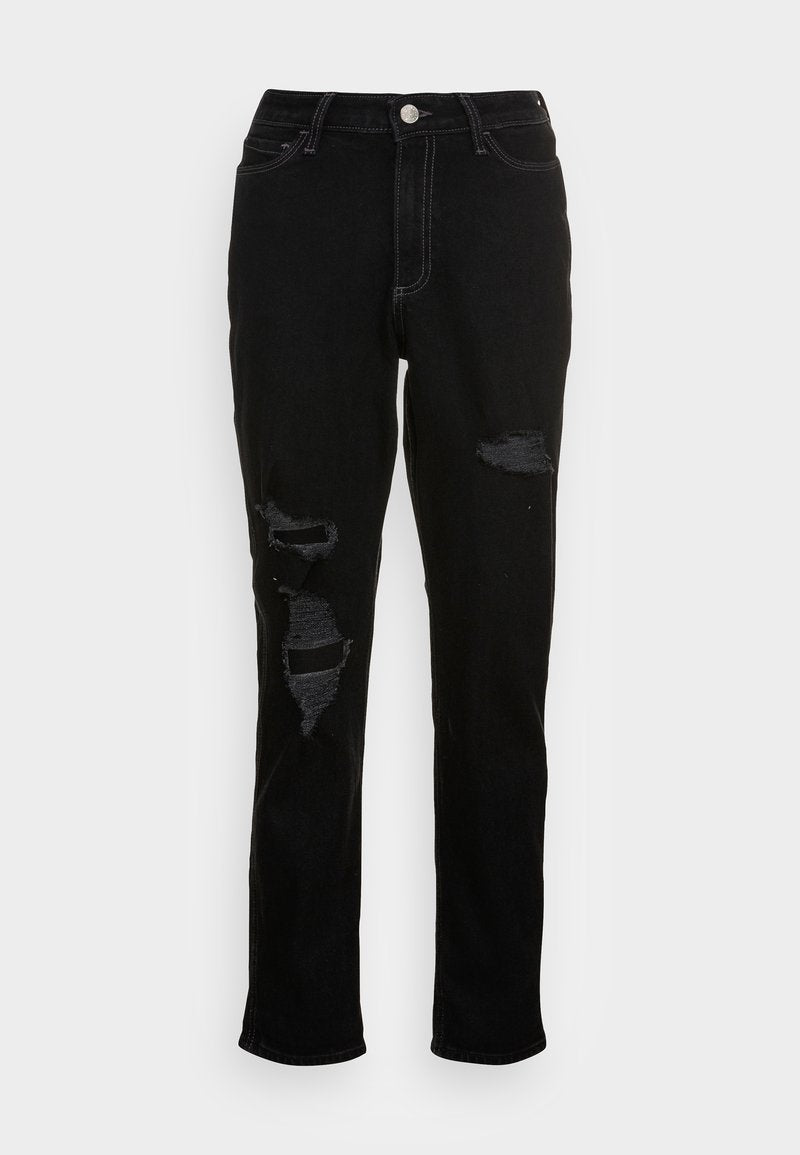 Schwarze Denim-Jeans mit einer taillierten Passform, die sichtbare Risse auf der Vorderseite, einen Knopfverschluss und einen klassischen Fünf-Taschen-Stil aufweisen.