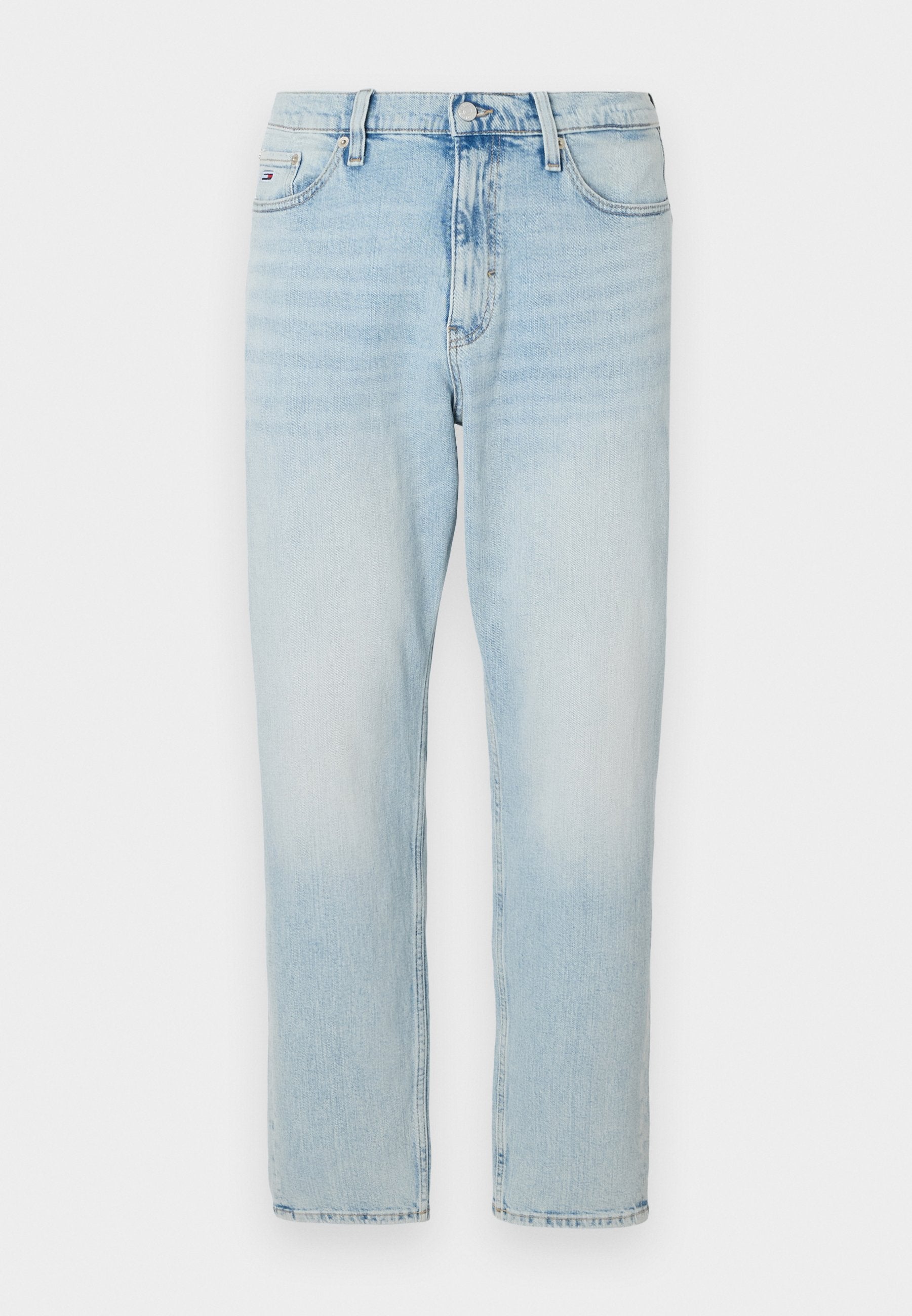 Hellblaue Jeans aus Denim mit geradem Bein, fünf Taschen und Knopfverschluss. Verwaschener Look mit subtilen Nahtdetails.
