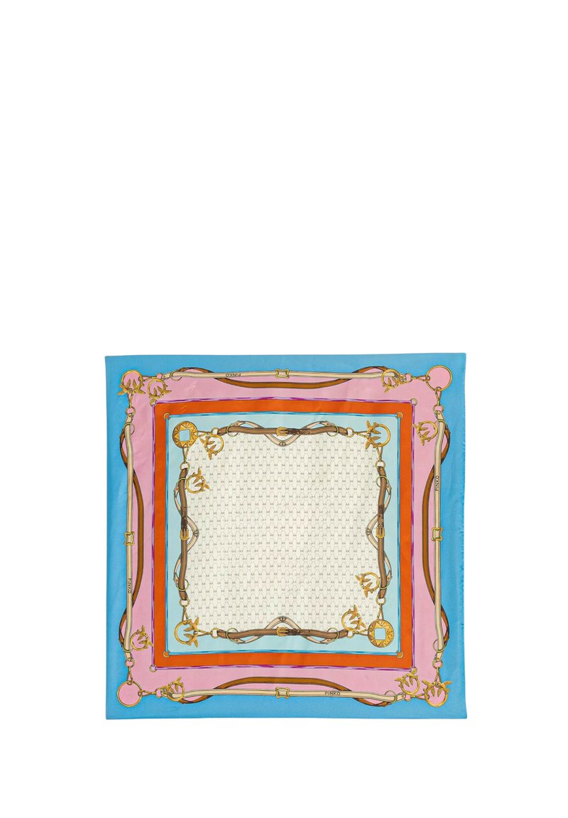 Seidenschal mit einem zentralen cremefarbenen Bereich mit einem geometrischen Muster, umgeben von blauen, rosa und roten Streifen mit goldenen Akzenten und Beschlägen.