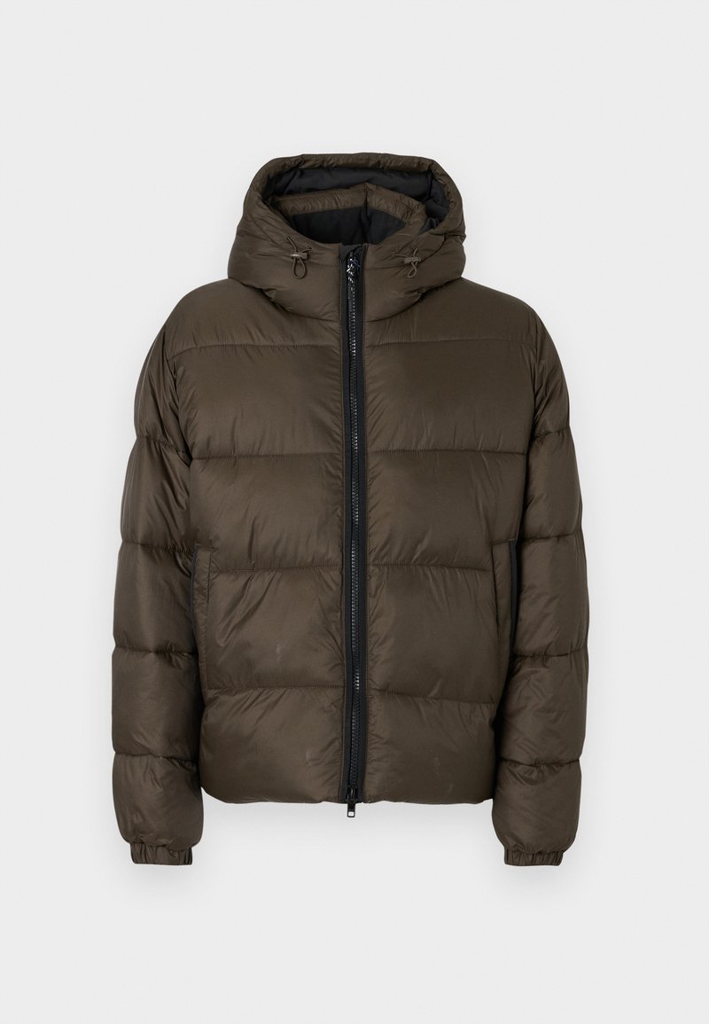 Braune, kapuzenlose Steppjacke mit gestepptem Design, Reißverschluss vorne und elastischen Bündchen. Weiches, isoliertes Material für Wärme.