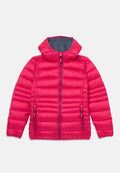  gepolsterte Jacke in leuchtendem Pink, mit hohem Kragen und durchgehendem Reißverschluss. Zwei seitliche Reißverschlusstaschen mit kontrastierendem dunkelblauen Futter.