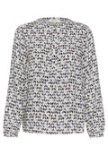 Langärmlige Bluse aus leichtem Material, mit einem geometrischen Muster in Blau und Marineblau. Rundhalsausschnitt mit Knopfverschluss an der Vorderseite.