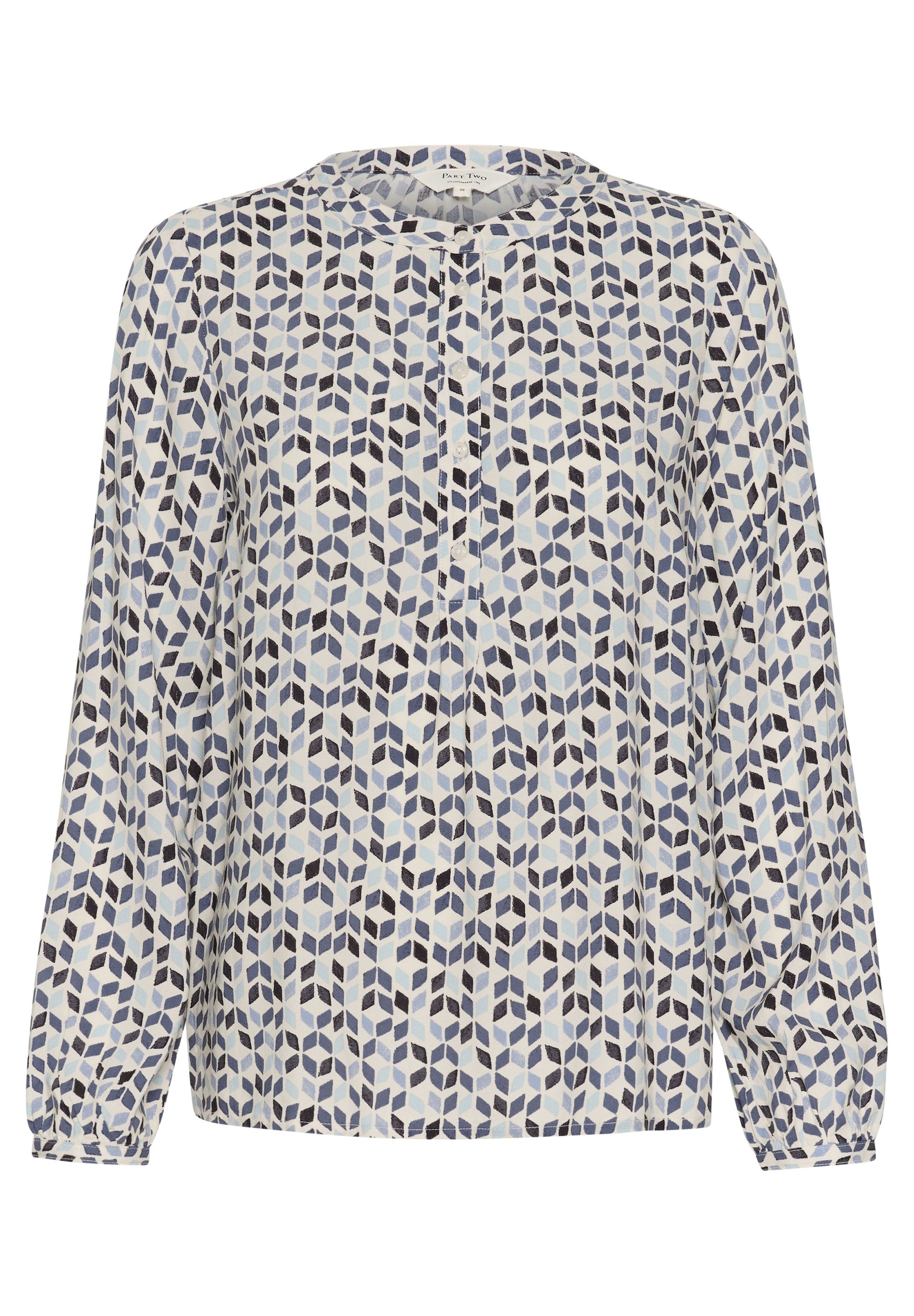 Langärmlige Bluse aus leichtem Material, mit einem geometrischen Muster in Blau und Marineblau. Rundhalsausschnitt mit Knopfverschluss an der Vorderseite.