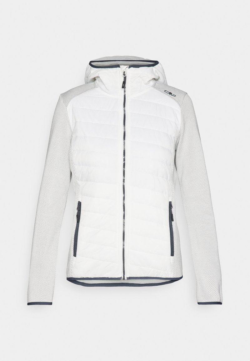 Weiße Pufferjacke mit einem gesteppten Muster auf der Vorderseite und grauen Mesh-Ärmeln. Sie hat einen Reißverschluss und eine Kapuze mit marineblauen Akzenten.