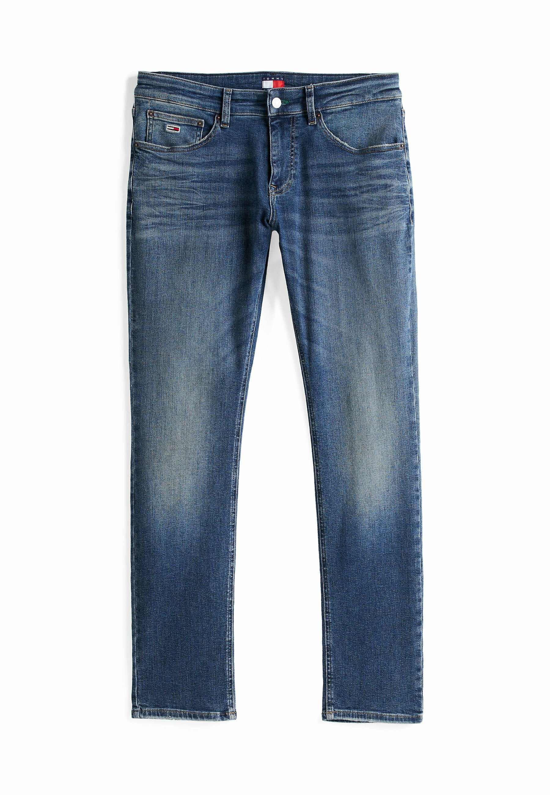 Dunkelblaue Jeans aus Denim mit leichtem Verblassen, geradem Schnitt, Fünf-Taschen-Design und metallischer Knopfverschluss an der Taille.
