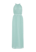 Faltenmaxi-Kleid in sanftem Mintgrün, mit trägerlosem Ausschnitt und strukturierter Stoffoberfläche mit glatter Haptik. Langes, fließendes Silhouette.