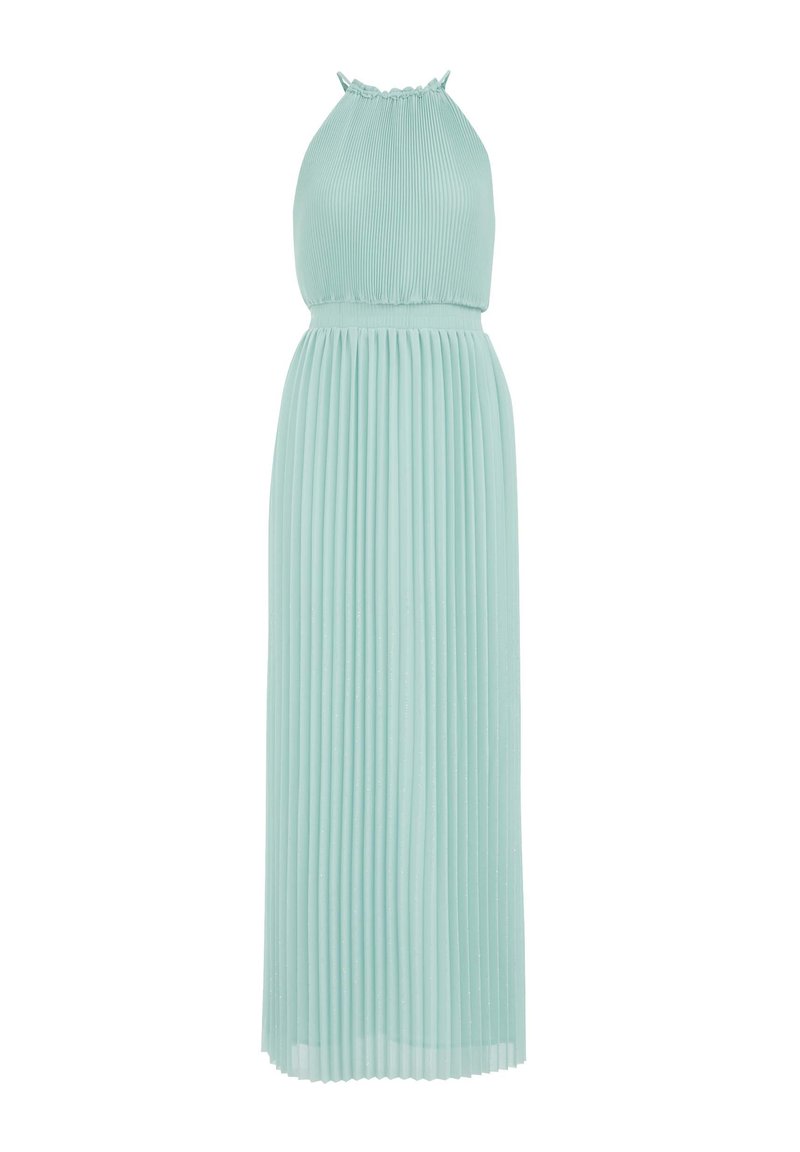 Faltenmaxi-Kleid in sanftem Mintgrün, mit trägerlosem Ausschnitt und strukturierter Stoffoberfläche mit glatter Haptik. Langes, fließendes Silhouette.
