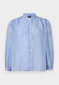 Gestreifte Button-up-Bluse mit blauen und weißen vertikalen Streifen, Stehkragen, voluminösen langen Ärmeln und fünf vorderen Knöpfen. Strukturiert Stoff.