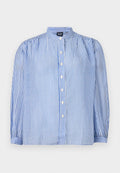 Gestreifte Button-up-Bluse mit blauen und weißen vertikalen Streifen, Stehkragen, voluminösen langen Ärmeln und fünf vorderen Knöpfen. Strukturiert Stoff.