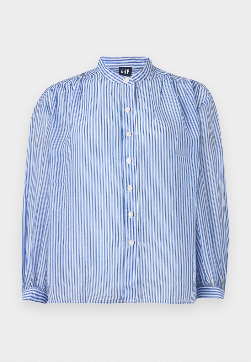 Gestreifte Button-up-Bluse mit blauen und weißen vertikalen Streifen, Stehkragen, voluminösen langen Ärmeln und fünf vorderen Knöpfen. Strukturiert Stoff.