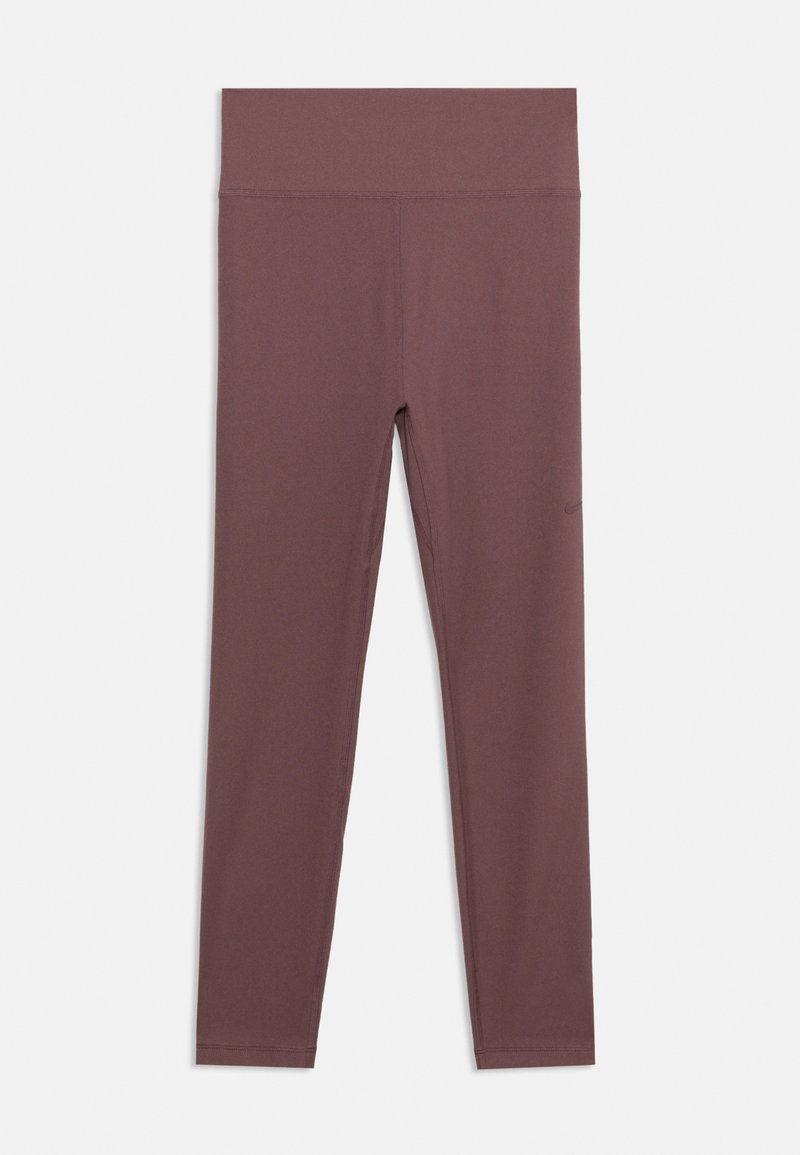 Solide braune hochgeschnittene sportliche Leggings mit glattem Finish, voller Länge und dezentem Markenlogo am Oberschenkel.