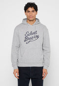 Grauer Hoodie mit Kordelzug, Fronttasche und aufgedrucktem "Schott Bros inc"-Logo in Dunkelblau. Baumwollmaterial mit weicher Textur.