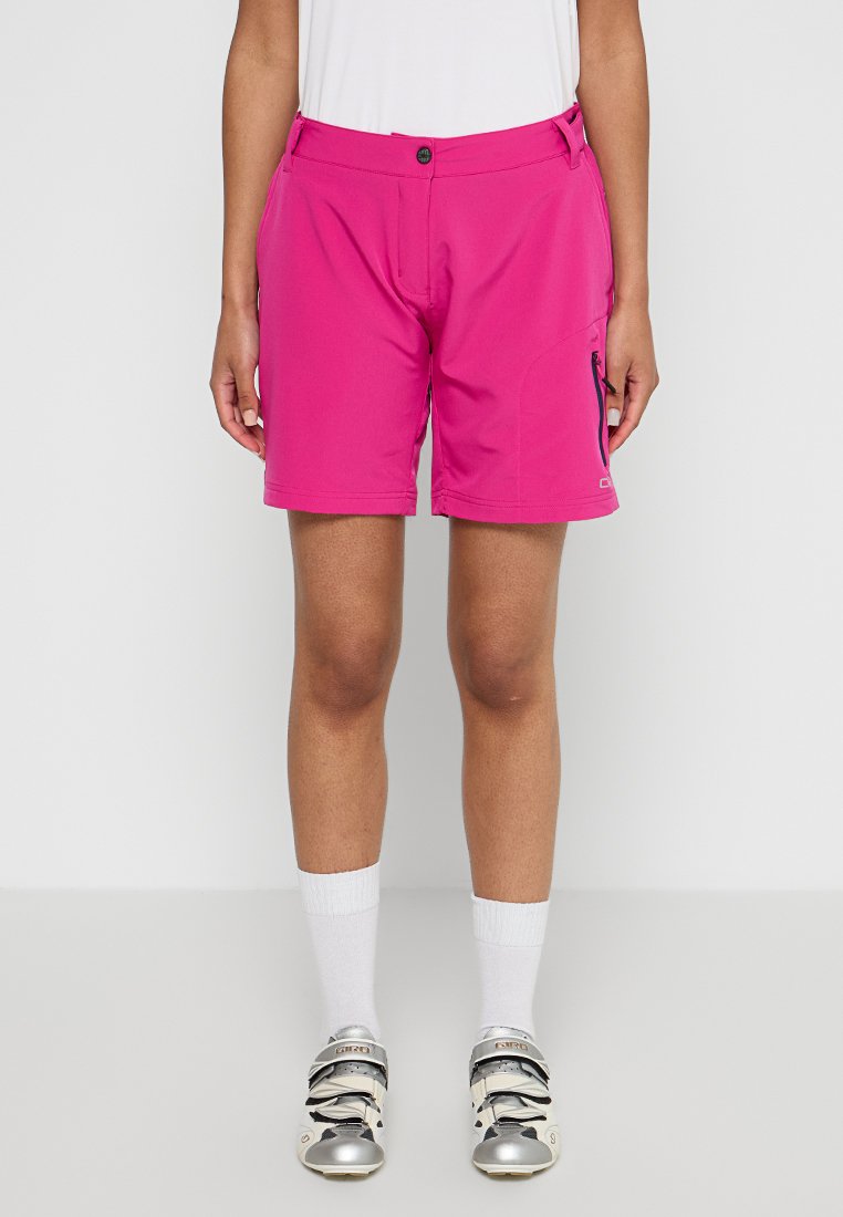 Helle pinkfarbene, leichte Shorts mit taillierter Passform, ausgestattet mit einer Reißverschlusstasche, Knopfverschluss und verstärkten Nähten für Langlebigkeit.